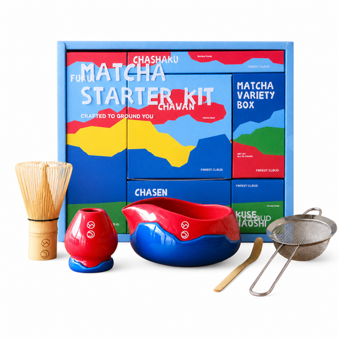 Forest Cloud Matcha Starter Kit 2.0 with bowl, whisk and matcha for home brewing.