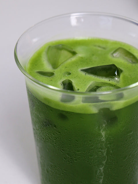 Iced usucha matcha in a tall glass