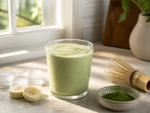 Blended matcha smoothie with banana, ice and matcha powder for a practical guide to smoothie and frappe drinks.