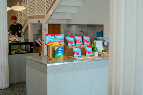Forest Cloud matcha range displayed on a product shelf for choosing matcha as a gift.