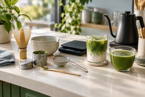 Cafe matcha rush-hour station with measured matcha tools, milk, ice, latte and usucha / clear matcha ready for service.
