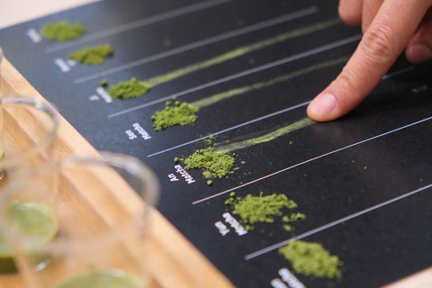 Forest Cloud matcha powder swatches used to compare colour, texture and product label choices.