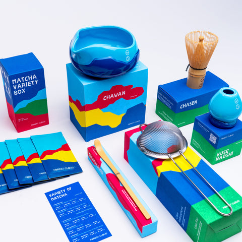 Forest Cloud Matcha Starter Kit 2.0 blue kit with bowl, chasen, scoop and sieve