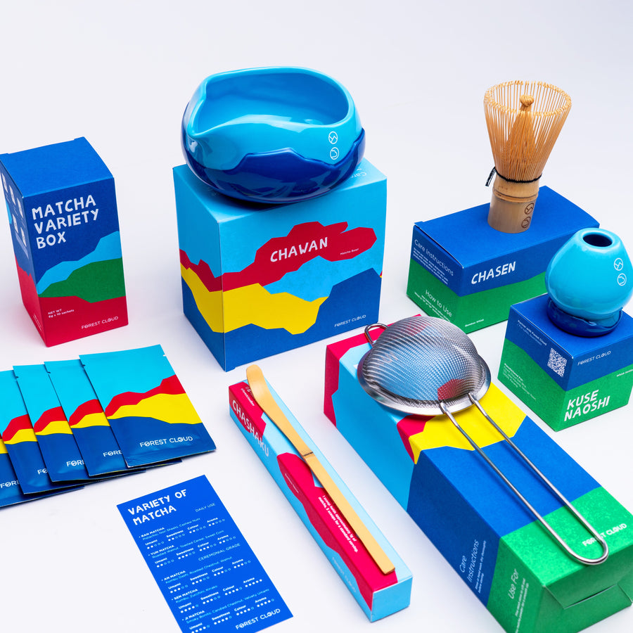 Forest Cloud Matcha Starter Kit 2.0 blue kit with bowl, chasen, scoop and sieve