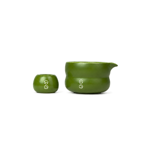 Forest Cloud green matcha bowl and matching chasen holder set on transparent background