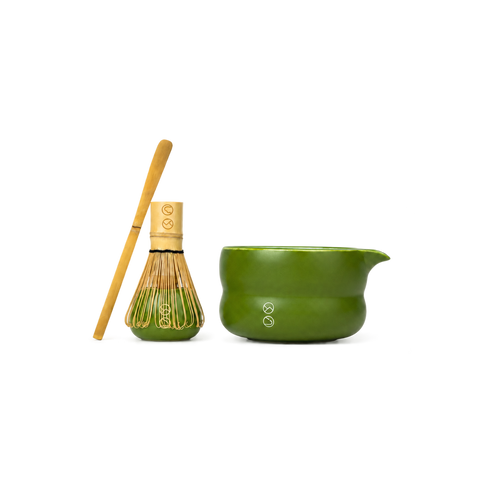 Forest Cloud green matcha bowl, whisk holder, bamboo whisk and scoop set on transparent background