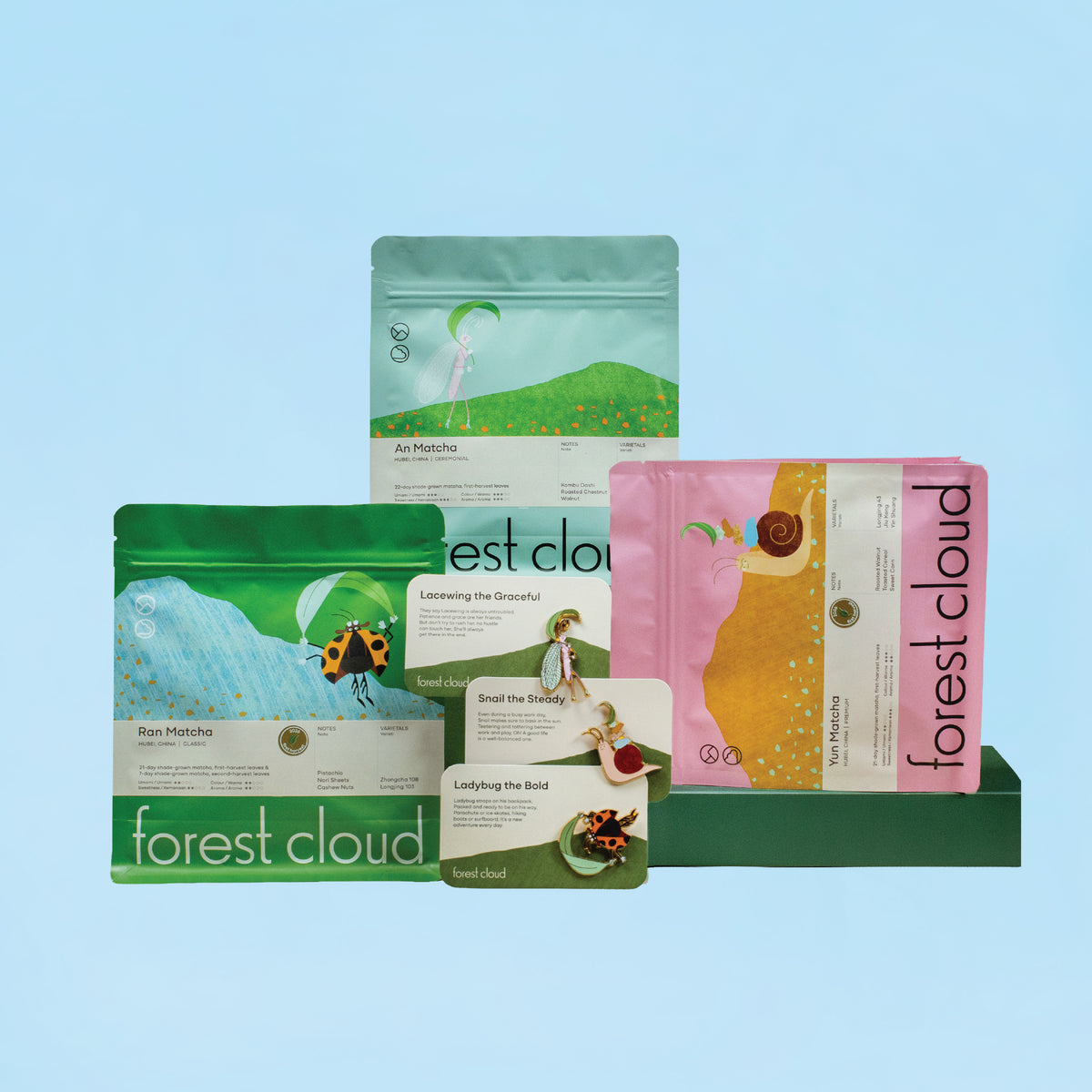 Forest Cloud Matcha Trio Bundle: Ran, Yun, An 100g + 3 Enamel Pins