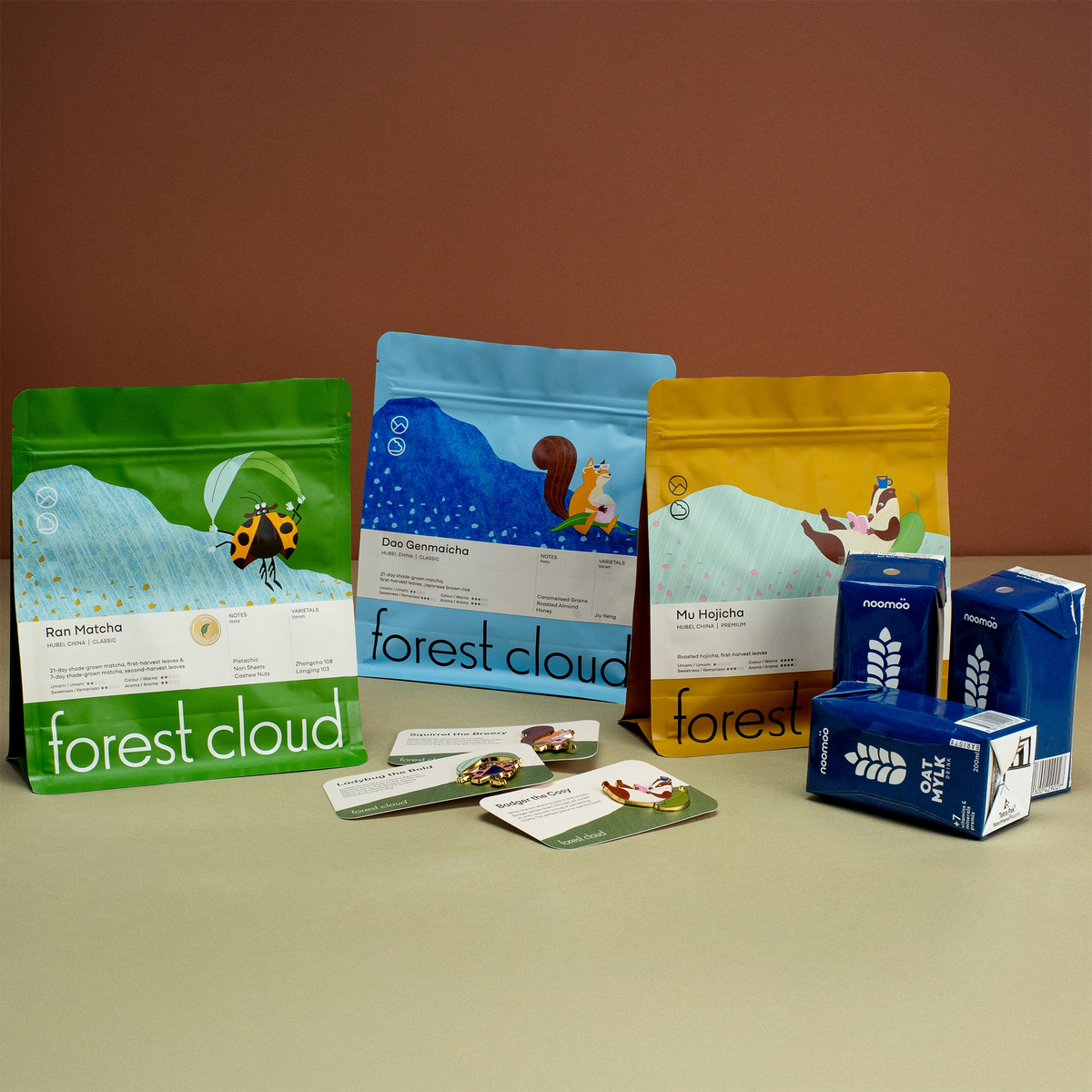 Forest Cloud Trio Cha Bundle: Ran Matcha + Mu Hojicha + Dao Genmaicha 100g + Oat Milks + 3 Enamel Pins Gift (Ladybug, Badger & Squirrel)